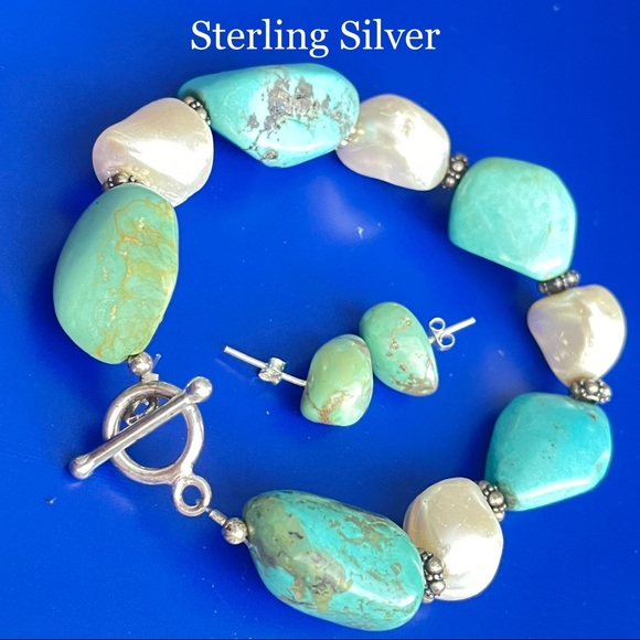 Artisan Jewelry - STERLING SILVER TURQUOISE PEARL BRACELET EARRINGS